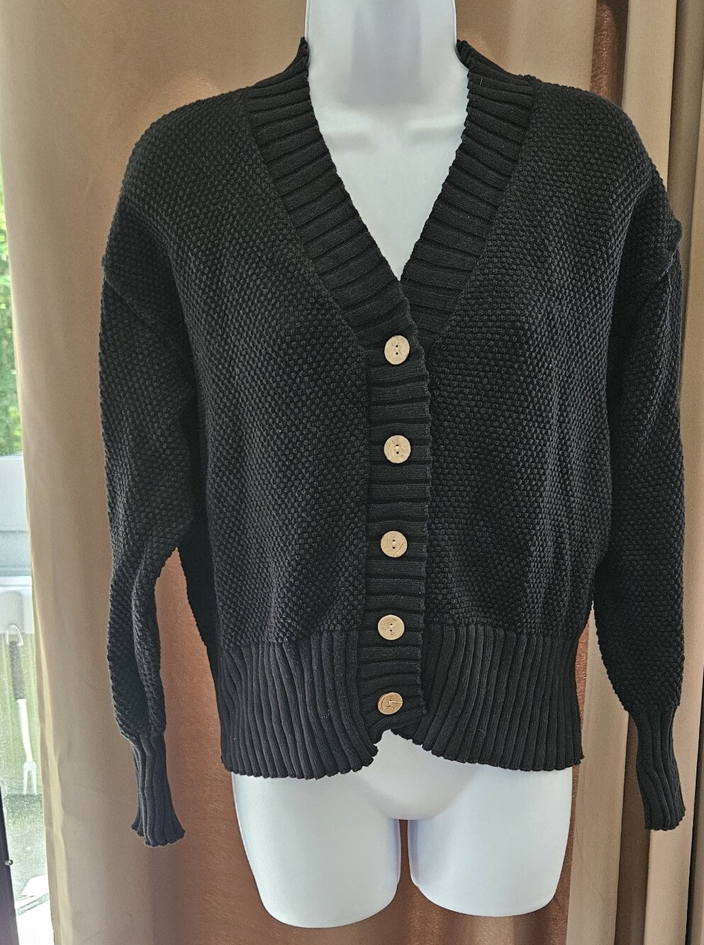 Caracilia Black V-Neck Knit Cardigan Sweater Button Down Lantern Sleeve